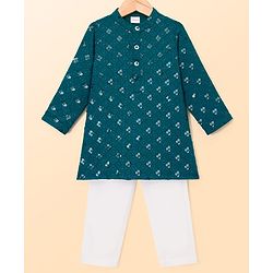 Babyhug Schiffili Woven Full Sleeves Kurta Pajama Set with Embroidery & Sequin Detailing - Teal Blue