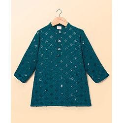 Babyhug Schiffili Woven Full Sleeves Kurta Pajama Set with Embroidery & Sequin Detailing - Teal Blue