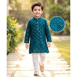 Babyhug Schiffili Woven Full Sleeves Kurta Pajama Set with Embroidery & Sequin Detailing - Teal Blue