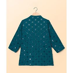 Babyhug Schiffili Woven Full Sleeves Kurta Pajama Set with Embroidery & Sequin Detailing - Teal Blue