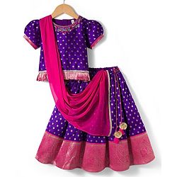 Babyhug Brocade Woven Half Sleeves Choli Lehenga & Dupatta Set With Floral Foil Print - Purple