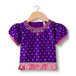 Babyhug Brocade Woven Half Sleeves Choli Lehenga & Dupatta Set With Floral Foil Print - Purple
