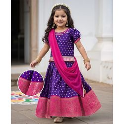 Babyhug Brocade Woven Half Sleeves Choli Lehenga & Dupatta Set With Floral Foil Print - Purple