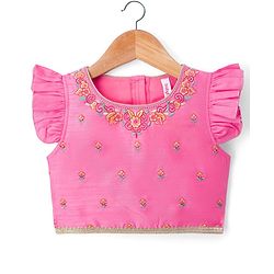 Babyhug Woven Frill Sleeves Lehenga Choli Set With Floral Print & Embroidery & Dupatta - Yellow & Pink