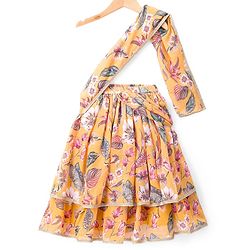 Babyhug Woven Frill Sleeves Lehenga Choli Set With Floral Print & Embroidery & Dupatta - Yellow & Pink