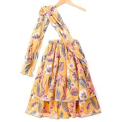 Babyhug Woven Frill Sleeves Lehenga Choli Set With Floral Print & Embroidery & Dupatta - Yellow & Pink