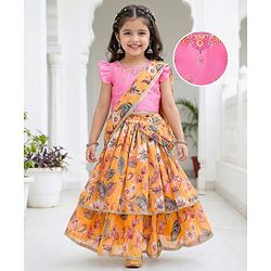 Babyhug Woven Frill Sleeves Lehenga Choli Set With Floral Print & Embroidery & Dupatta - Yellow & Pink