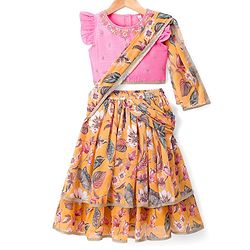 Babyhug Woven Frill Sleeves Lehenga Choli Set With Floral Print & Embroidery & Dupatta - Yellow & Pink