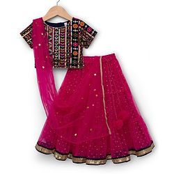 Babyhug  Short Sleeves Sequin Embroidered Choli and Shimmer Net Lehenga with Dupatta -  Fuschia