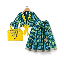 Babyhug Georgette Woven Full Sleeves Choli Lehenga & Jacket Set With Floral Print & Embridoery - Green