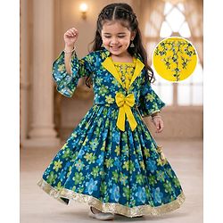 Babyhug Georgette Woven Full Sleeves Choli Lehenga & Jacket Set With Floral Print & Embridoery - Green