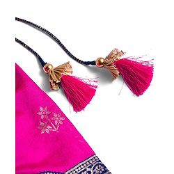 Babyhug Brocade Woven Half Sleeves Pattu Pavada Choli Lehenga & Dupatta Set with Floral Print - Fuchsia