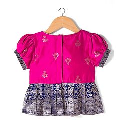 Babyhug Brocade Woven Half Sleeves Pattu Pavada Choli Lehenga & Dupatta Set with Floral Print - Fuchsia