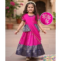 Babyhug Brocade Woven Half Sleeves Pattu Pavada Choli Lehenga & Dupatta Set with Floral Print - Fuchsia