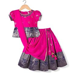 Babyhug Brocade Woven Half Sleeves Pattu Pavada Choli Lehenga & Dupatta Set with Floral Print - Fuchsia