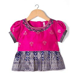Babyhug Brocade Woven Half Sleeves Pattu Pavada Choli Lehenga & Dupatta Set with Floral Print - Fuchsia