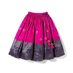 Babyhug Brocade Woven Half Sleeves Pattu Pavada Choli Lehenga & Dupatta Set with Floral Print - Fuchsia