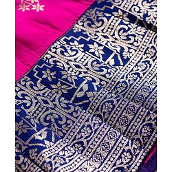Babyhug Brocade Woven Half Sleeves Pattu Pavada Choli Lehenga & Dupatta Set with Floral Print - Fuchsia