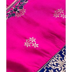 Babyhug Brocade Woven Half Sleeves Pattu Pavada Choli Lehenga & Dupatta Set with Floral Print - Fuchsia