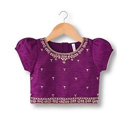 Babyhug Brocade Woven Half Sleeves Choli Lehenga & Dupatta Set With Floral Embriodery - Wine