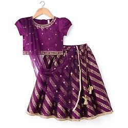 Babyhug Brocade Woven Half Sleeves Choli Lehenga & Dupatta Set With Floral Embriodery - Wine