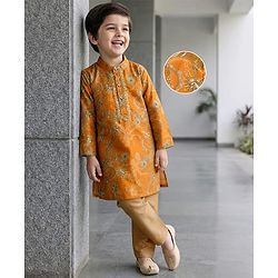 Babyhug Cotton Woven Full Sleeves Cambric Foil Printed Kurta Pajama Set- Mustard