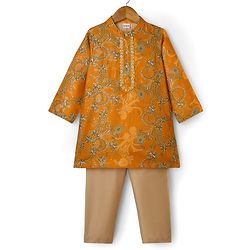 Babyhug Cotton Woven Full Sleeves Cambric Foil Printed Kurta Pajama Set- Mustard