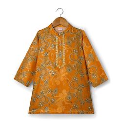 Babyhug Cotton Woven Full Sleeves Cambric Foil Printed Kurta Pajama Set- Mustard