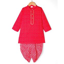 Babyhug Cambric Woven Full Sleeves Kurta Dhoti Set with Angarakha Foil Print - Red