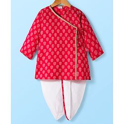 Babyhug Cambric Woven Full Sleeves Kurta Dhoti Set with Floral Print - Red