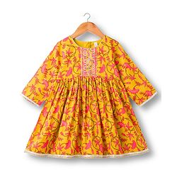 Babyhug Cambric Woven Full Sleeves Kurta Gharara & Dupatta Set With Floral Print - Mustard