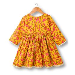 Babyhug Cambric Woven Full Sleeves Kurta Gharara & Dupatta Set With Floral Print - Mustard