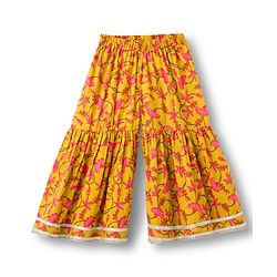Babyhug Cambric Woven Full Sleeves Kurta Gharara & Dupatta Set With Floral Print - Mustard