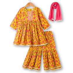 Babyhug Cambric Woven Full Sleeves Kurta Gharara & Dupatta Set With Floral Print - Mustard