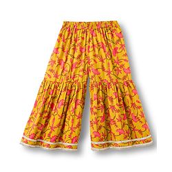 Babyhug Cambric Woven Full Sleeves Kurta Gharara & Dupatta Set With Floral Print - Mustard