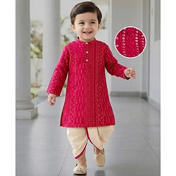 Babyhug Georgette Woven Full Sleeves Embellished Kurta Dhoti Set - Red & White