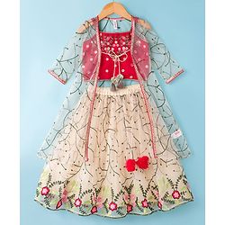 Babyhug Woven Choli Lehenga Set with Three Fourth Sleeves Jacket Floral Embroidery & Sequin Detailing - Multicolor