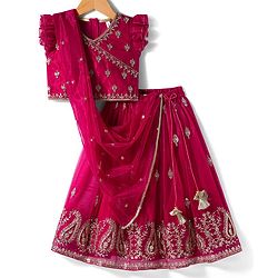 Babyhug Woven Frill Sleeves Choli Lehenga & Dupatta Set with Floral Embroidery - Fuchsia