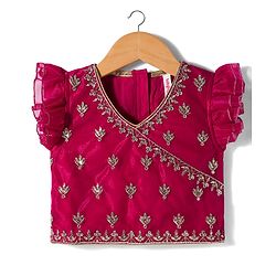 Babyhug Woven Frill Sleeves Choli Lehenga & Dupatta Set with Floral Embroidery - Fuchsia