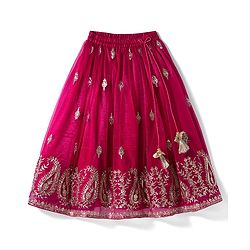 Babyhug Woven Frill Sleeves Choli Lehenga & Dupatta Set with Floral Embroidery - Fuchsia