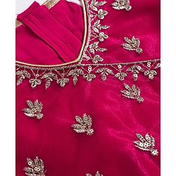 Babyhug Woven Frill Sleeves Choli Lehenga & Dupatta Set with Floral Embroidery - Fuchsia
