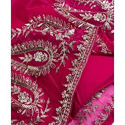 Babyhug Woven Frill Sleeves Choli Lehenga & Dupatta Set with Floral Embroidery - Fuchsia