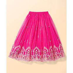 Babyhug Net Woven Half Puffed Sleeves Choli Lehenga & Dupatta Set with Floral Embroidery - Pink
