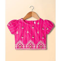 Babyhug Net Woven Half Puffed Sleeves Choli Lehenga & Dupatta Set with Floral Embroidery - Pink