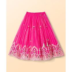 Babyhug Net Woven Half Puffed Sleeves Choli Lehenga & Dupatta Set with Floral Embroidery - Pink