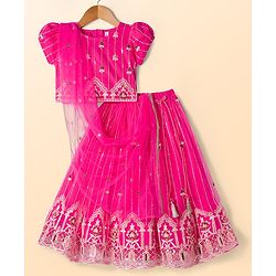 Babyhug Net Woven Half Puffed Sleeves Choli Lehenga & Dupatta Set with Floral Embroidery - Pink