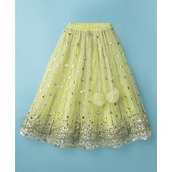 Babyhug Net Woven Three Fourth Choli Lehenga & Dupatta Set With Sequin Embriodery - Green