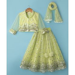 Babyhug Net Woven Three Fourth Choli Lehenga & Dupatta Set With Sequin Embriodery - Green