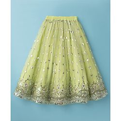 Babyhug Net Woven Three Fourth Choli Lehenga & Dupatta Set With Sequin Embriodery - Green