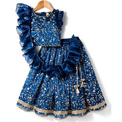 Babyhug Woven Sleeveless Choli Lehenga & Frilled Dupatta Set with Floral Embroidery - Navy Blue